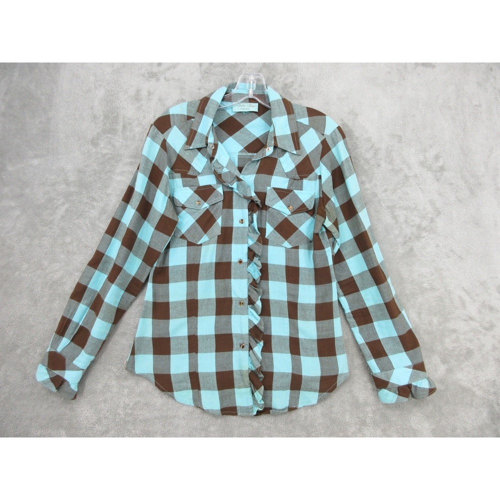 Tasha‎ Polizzi Shirt Womens Small Plaid Ruffle Western Pearl Snap Boho Sawtooth